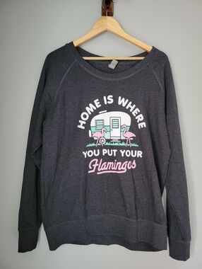 Womens Home Is Where You Put Your Flamingos Long Sleeve Size XL Gray Camping